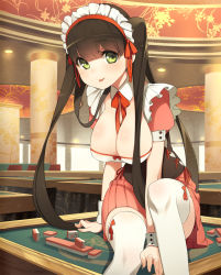 Rule 34 | 1girl, black hair, blush, board game, breasts, cleavage, detached collar, green eyes, highres, large breasts, long hair, looking at viewer, mahjong, mahjong table, mahjong tile, maid headdress, original, sitting, skirt, smile, solo, ssberit, table, thighhighs, twintails, wrist cuffs, zettai ryouiki