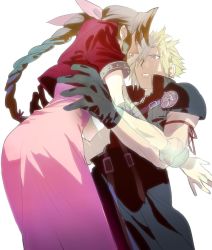 Rule 34 | 1boy, 1girl, aerith gainsborough, arm ribbon, armor, asymmetrical hair, black gloves, black shirt, blonde hair, blue eyes, bracelet, braid, braided ponytail, brown hair, cloud strife, collaboration, couple, cropped jacket, crying, dress, final fantasy, final fantasy vii, final fantasy vii advent children, ghost, gloves, hair ribbon, high collar, highres, jacket, jewelry, long dress, mikuroron, muscular, muscular male, open collar, outstretched arms, parted lips, pink dress, reaching, reaching towards viewer, red jacket, ribbon, shirt, shoulder armor, sidelocks, spiked hair, square enix, strap, talesofmea, tears, transparent, upper body, white background