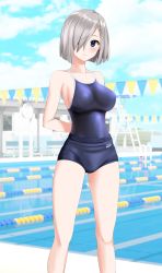 Rule 34 | 1girl, absurdres, alternate costume, arms behind back, blue buruma, blue eyes, blue one-piece swimsuit, blue sky, breasts, buruma, cloud, commentary request, competition school swimsuit, day, feet out of frame, grey hair, hair ornament, hair over one eye, hairclip, hamakaze (kancolle), highres, kantai collection, lane line, large breasts, looking at viewer, one-piece swimsuit, outdoors, parted lips, pool, school swimsuit, short hair, sky, solo, string of flags, swimsuit, swimsuit under clothes, takafumi