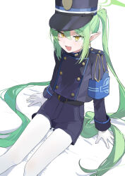 Rule 34 | 1girl, absurdres, armband, black hat, black jacket, black shorts, blue archive, blue armband, blush, buttons, commentary request, double-breasted, fang, gloves, green hair, green halo, halo, hat, highres, jacket, long hair, long sleeves, nozomi (blue archive), open mouth, pantyhose, peaked cap, pointy ears, short shorts, shorts, simple background, sitting, skin fang, smile, solo, twintails, very long hair, white background, white gloves, white pantyhose, yanyo (ogino atsuki), yellow eyes