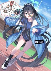 Rule 34 | 2girls, aris (blue archive), bandaid, bandaid on knee, bandaid on leg, black hair, black socks, blue archive, blue eyes, blue hairband, blue shirt, chibi, chibi inset, collarbone, commentary request, full body, hair between eyes, hairband, halo, highres, inui/byte, jacket, light blush, long hair, long sleeves, multiple girls, open clothes, open jacket, open mouth, outdoors, shirt, shoes, smile, sneakers, socks, solo focus, star (symbol), track jacket, translation request, very long hair