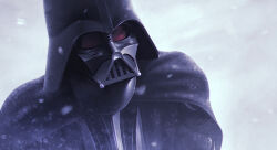 1boy 5health black_cape black_helmet cape darth_vader helmet highres outdoors snowing solo star_wars upper_body