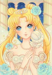 Rule 34 | 1girl, bishoujo senshi sailor moon, blonde hair, blue eyes, bracelet, commentary request, crescent, crescent facial mark, crescent moon, double bun, dress, facial mark, flower, forehead mark, hair flower, hair ornament, jewelry, jyan borii, long hair, moon, necklace, pearl bracelet, pearl necklace, pillar, princess serenity, sky, smile, solo, sparkling eyes, star (sky), starry sky, strapless, strapless dress, tiara, twintails, wand, white dress