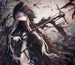 Rule 34 | 1girl, arknights, black cloak, black dress, brown eyes, cloak, commentary, dress, hair between eyes, head tilt, highres, holding, holding staff, hood, hooded cloak, horn ornament, horn ribbon, horns, huge filesize, jewelry, long hair, looking at viewer, necklace, ribbon, shining (arknights), shinonome tsukasa, silver hair, solo, staff, upper body, wristband