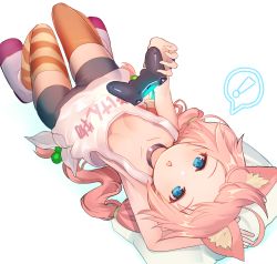 Rule 34 | !, 1girl, ahoge, animal ear fluff, animal ears, arm behind head, arm up, armpits, asymmetrical legwear, bike shorts, blue eyes, boots, breasts, cat ears, choker, clothes writing, commentary request, controller, downblouse, game controller, hair bobbles, hair ornament, hinata channel, long hair, low twintails, lying, mismatched legwear, nekomiya hinata, no bra, on back, open mouth, orange thighhighs, pillow, pink hair, playstation controller, rk (rktorinegi), shorts, simple background, small breasts, solo, spoken exclamation mark, striped clothes, striped thighhighs, thighhighs, twintails, vest, virtual youtuber, white background, white footwear, white vest