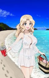 Rule 34 | 1girl, artist name, basket, beach, bikini, bikini under clothes, bird, black bikini, blonde hair, blue eyes, blue sky, breasts, bukkuri, cleavage, cleavage cutout, clothing cutout, cloud, cloudy sky, coca-cola, commentary request, cup, dated, day, disposable cup, dress, drinking straw, footprints, girls und panzer, hair intakes, highres, holding, holding cup, kay (girls und panzer), large breasts, long hair, long sleeves, looking at viewer, navel, ocean, open mouth, print bikini, seagull, see-through, see-through dress, short dress, shoulder cutout, signature, sky, smile, solo, standing, star (symbol), star print, sundress, swimsuit, white dress