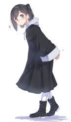 Rule 34 | 1girl, black footwear, black hair, blue eyes, blush, boots, closed mouth, commentary request, drawstring, full body, highres, interlocked fingers, leaning forward, long sleeves, looking at viewer, looking to the side, original, own hands together, pantyhose, side ponytail, sidelocks, smile, solo, standing, suzunari shizuku, white background, white pantyhose, wide sleeves, yuki arare