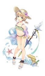 Rule 34 | 1girl, ball, beachball, bell, bikini, bracelet, flower, frilled bikini, frills, full body, green bikini, green eyes, hat, hat flower, highres, holding, holding ball, holding weapon, jewelry, light brown hair, looking at viewer, navel, official art, open mouth, partisan (weapon), polearm, sand castle, sand sculpture, shirohime quest, short twintails, shovel, solo, starfish, sun hat, swimsuit, transparent background, twintails, water, weapon