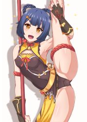 Rule 34 | 1girl, armpits, bare shoulders, bell, blue hair, blush, braid, braided hair rings, breasts, chinese clothes, dress, fingerless gloves, genshin impact, gloves, hair ornament, hair rings, hairclip, ikue fuuji, leotard, looking at viewer, open mouth, ribbon, short hair, sleeveless, smile, solo, split, staff, standing, standing on one leg, standing split, weapon, xiangling (genshin impact), yellow eyes