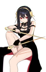 Rule 34 | 1girl, black dress, black hair, breasts, cleavage, closed mouth, dagger, dress, hairband, holding, holding dagger, holding knife, holding weapon, invisible chair, knife, large breasts, looking at viewer, red eyes, sidelocks, simple background, sitting, siun, smile, solo, spy x family, stiletto (weapon), weapon, white background, yor briar