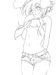 Rule 34 | 1girl, alternate hairstyle, animal ears, bare shoulders, breasts, denim, denim shorts, female focus, greyscale, haruyonoto, lineart, monochrome, navel, necktie, open mouth, panties, rabbit ears, reisen udongein inaba, shorts, simple background, solo, touhou, transparent background, underboob, underwear, unzipped