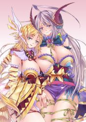 Rule 34 | 2girls, ahoge, bare shoulders, between breasts, blonde hair, blue eyes, breasts, bug, butterfly, cleavage, curvy, detached sleeves, dragon girl, dragon horns, eyeliner, facial mark, forehead mark, frilled sleeves, frills, grey hair, highres, horns, huge ahoge, huge breasts, bug, japanese clothes, kanna (p&amp;d), long hair, looking at viewer, makeup, multiple girls, parted lips, purple eyes, puzzle &amp; dragons, ribbon, roy (pixiv992911), sitting, skindentation, smile, very long hair, wide hips, wide sleeves