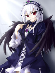 Rule 34 | 1girl, dress, feathers, female focus, gothic lolita, gradient background, hairband, lolita fashion, long hair, punto, red eyes, rozen maiden, solo, suigintou, white background, white hair, wings