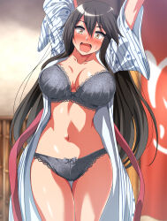 Rule 34 | 1girl, absurdres, alternate costume, arms up, bath yukata, black hair, blush, bouncing breasts, bra, breasts, brown eyes, cleavage, commentary request, commission, dilated pupils, feet out of frame, grey bra, grey panties, haruna (kancolle), highres, japanese clothes, kantai collection, kimono, large breasts, long hair, mouth hold, nose blush, open clothes, open kimono, open mouth, panties, pixiv commission, solo, surprised, thigh gap, underwear, yukata, zanntetu