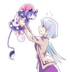 Rule 34 | 1girl, ?, commentary request, doremy sweet, doremy sweet (baku), grey hair, guuchama, hat, kishin sagume, looking at another, nightcap, pom pom (clothes), purple eyes, short hair, simple background, single wing, sweat, touhou, white background, wings