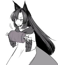 Rule 34 | ^^^, 1girl, animal ears, blush, boned meat, d:, d:&lt;, dress, eating, fang, food, ganmaganmo, greyscale, imaizumi kagerou, long dress, long hair, long sleeves, looking at viewer, meat, monochrome, slit pupils, solo, surprised, sweat, touhou, tsurime, v-shaped eyebrows, very long hair, wolf ears