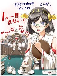 Rule 34 | &gt; &lt;, 10s, 2girls, abo (hechouchou), ahoge, anger vein, angry, black hair, blush, book, brown hair, cup, desk, detached sleeves, closed eyes, glasses, green-framed eyewear, hairband, headgear, jealous, kantai collection, kirishima (kancolle), kongou (kancolle), letter, long hair, multiple girls, nontraditional miko, open mouth, purple eyes, saucer, short hair, smile, tears, thighhighs, translation request