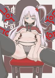 Rule 34 | 1girl, aqua eyes, ass, belly, black panties, black thighhighs, body writing, breasts, capelet, chair, covered erect nipples, demon wings, garter belt, hair bobbles, hair ornament, half-closed eyes, light purple hair, looking at viewer, medium breasts, naughty face, navel, no bra, panties, ribbon, shinki (touhou), side ponytail, sitting, smile, solo, spread legs, thighhighs, thighs, touhou, touhou (pc-98), underboob, underwear, wings, zannen na hito
