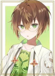 Rule 34 | 1boy, absurdres, azusawa mito, blush, border, brown border, brown hair, child, clock over orquesta, coat, glasses, green background, green eyes, green shirt, highres, light brown hair, looking at viewer, male focus, multicolored background, multicolored hair, open mouth, shirt, short hair, solo, white background, white coat, zorimu