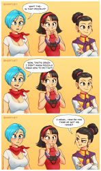 Rule 34 | 3girls, absurdres, black hair, blue eyes, blue hair, blush, breasts, bulma, chi-chi (dragon ball), cleavage, comic, dragon ball, embarrassed, english text, female focus, highres, large breasts, medium hair, multiple girls, nipples, nortuet, short hair, simple background, small breasts, smile, videl