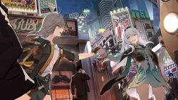 Rule 34 | 2girls, black gloves, black hairband, black jacket, black vest, building, city, coat, collared shirt, cropped jacket, fingerless gloves, firefly (honkai: star rail), gloves, green skirt, grey hair, hair between eyes, hairband, highres, holding hands, honkai: star rail, honkai (series), jacket, long hair, long sleeves, looking at another, multiple girls, neckerchief, open clothes, open coat, open mouth, orange neckerchief, ribbon, ryeon (bluetom1), shirt, skirt, smile, stelle (honkai: star rail), trailblazer (honkai: star rail), two-tone eyes, vest, yellow eyes