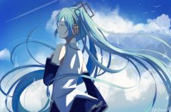 Rule 34 | 1girl, aqua hair, bare shoulders, bird, black skirt, black sleeves, blue sky, cloud, commentary, cowboy shot, day, detached sleeves, closed eyes, floating hair, from behind, grey shirt, hair ornament, hand on own chest, hatsune miku, headphones, highres, long hair, miniskirt, noneon319, outdoors, pleated skirt, seagull, shirt, sidelighting, skirt, sky, sleeveless, sleeveless shirt, solo, twintails, twitter username, very long hair, vocaloid