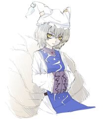 Rule 34 | 1girl, aizettonagi, animal ears, blonde hair, dress, fox tail, hat, highres, long sleeves, looking at viewer, multiple tails, short hair, solo, tabard, tail, touhou, white background, white dress, white hat, wide sleeves, yakumo ran, yellow eyes