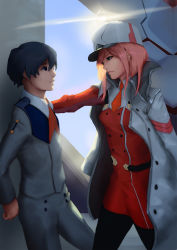 Rule 34 | 10s, 1boy, 1girl, bad id, bad pixiv id, black hair, black pantyhose, coat, couple, darling in the franxx, hat, highres, hiro (darling in the franxx), kabedon, long hair, looking at another, necktie, open clothes, open coat, orange neckwear, pantyhose, peaked cap, pink hair, realistic, red neckwear, short hair, vuwavuwa, zero two (darling in the franxx)