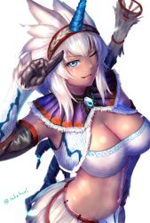 Rule 34 | 1girl, bandeau, blue eyes, breasts, cleavage, cowboy shot, cropped legs, elbow gloves, fur, fur trim, gloves, greatsword, hairband, highres, horns, kirin (armor), large breasts, loincloth, long hair, midriff, monster hunter, monster hunter: world, monster hunter (series), navel, one eye closed, open mouth, salute, single horn, smile, solo, strapless, sword, takefu jiin, tube top, two-finger salute, weapon, white hair