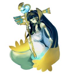 Rule 34 | 1girl, armlet, black hair, blue eyes, bracelet, dress, egyptian, hair tubes, hairband, isis (p&amp;d), jewelry, long hair, momoyoto, no nose, puzzle &amp; dragons, simple background, smile, solo, staff, white background, white dress