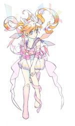 Rule 34 | 1990s (style), 1girl, barefoot, bishoujo senshi sailor moon, bishoujo senshi sailor moon supers, blonde hair, blue eyes, blue sailor collar, boots, bow, brooch, cotton (lapin), detransformation, double bun, elbow gloves, floating hair, full body, gloves, hair bun, hair ornament, heart, heart brooch, henshin, highres, jewelry, knee boots, long hair, looking away, magical girl, miniskirt, multicolored eyes, retro artstyle, ribbon, sailor collar, sailor moon, shoes, single shoe, skirt, solo, super sailor moon, tiara, transformation, tsukino usagi, twintails, white background, white gloves