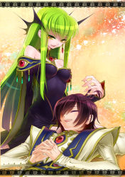 Rule 34 | bad id, bad pixiv id, black hair, c.c., code geass, earrings, closed eyes, green hair, hair ornament, own hands clasped, jewelry, lap pillow, lelouch vi britannia, long hair, lying, minami (apricot tea), on back, own hands together, sitting, smile, yellow eyes