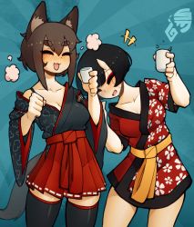 Rule 34 | 2girls, animal ears, ash sarai, black hair, black legwear, breasts, brown hair, cleavage, collarbone, cup, d-floe, drinking glass, drunk, closed eyes, eyeshadow, facing another, facing viewer, fox ears, fox girl, fox tail, highres, holding, holding cup, horns, large breasts, makeup, multiple girls, open mouth, original, red eyeshadow, short hair, shot glass, tail, thick eyebrows, thighhighs