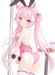 Rule 34 | 1girl, animal ear fluff, animal ears, ass, bare back, bare shoulders, blush, bow, bowtie, breasts, cat ears, cat girl, commentary, cowboy shot, cuffs, dot nose, fake animal ears, hair bow, hair ornament, hairclip, handcuffs, highres, large breasts, leotard, long hair, looking at viewer, mochizuki riku, oppai loli, original, pillar, pink bow, pink bowtie, pink eyes, pink hair, pink leotard, pink tail, playboy bunny, rabbit ears, rabbit tail, sideboob, solo, standing, strapless, strapless leotard, tail, tail bow, tail ornament, thighhighs, thighs, twintails, very long hair, white background, white thighhighs