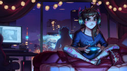 Rule 34 | 1girl, animal print, bed, bed sheet, brown eyes, brown hair, building, case, casual, chair, city lights, closed mouth, collarbone, commentary, controller, curtains, d.va (overwatch), doritos, dualshock, facepaint, facial mark, frilled pillow, frills, frog print, game console, game controller, gamepad, headphones, highres, holding, indian style, indoors, kienan lafferty, long hair, long sleeves, monitor, mouse (computer), neet, night, night sky, off-shoulder shirt, off shoulder, overwatch, overwatch 1, pachimari, pillow, playing games, playstation controller, rabbit print, shirt, sitting, sitting on person, sky, socks, solo, stuffed animal, stuffed octopus, stuffed toy, tower, twitch, twitch.tv, video game, whisker markings, window