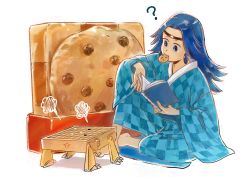 Rule 34 | 1boy, ?, asahi (sakanasakana), barefoot, blue eyes, blue hair, blue robe, book, chinese clothes, chocolate chip cookie, cookie, earrings, food, highres, holding, holding book, jewelry, lanxi zhen, laojun (the legend of luoxiaohei), long hair, long sleeves, male focus, mouth hold, print robe, robe, shadow, sitting, solo, luo xiaohei zhanji, wide sleeves