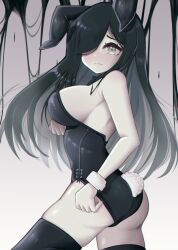 Rule 34 | 1girl, animal ears, aria wintermint, ass, black hair, black leotard, black thighhighs, borrowed character, breasts, fake animal ears, from side, grey eyes, hair over one eye, highres, large breasts, leotard, long hair, looking at viewer, nyu-tan94, playboy bunny, rabbit ears, sideboob, solo, the crawling city, thighhighs, white wrist cuffs, wrist cuffs