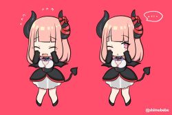 Rule 34 | breasts, chibi, cleavage, cleavage cutout, clothing cutout, crying, demon girl, demon horns, demon tail, demon wings, eve.ch, eve valerne, horn ornament, horn ribbon, horns, indie virtual youtuber, pink background, pink eyes, pink hair, ribbon, see-through, shimobebe, simple background, tail, virtual youtuber, wings