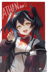 Rule 34 | 1girl, artist name, black hair, black jacket, border, bow, bowtie, breasts, buckle, character name, claw pose, collared shirt, crossed bangs, hair between eyes, hair strand, hand up, highres, hook, id card, jacket, long hair, long sleeves, looking at viewer, messy hair, off-shoulder jacket, off shoulder, open mouth, original, outside border, red border, red bow, red bowtie, sharp teeth, shirt, sidelocks, small breasts, smile, solo, soyoong jun, strap, teeth, tongue, two side up, upper body, upper teeth only, white shirt, yellow eyes