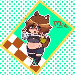 Rule 34 | 1girl, :3, abstract background, animal ears, breasts, brown hair, character name, commentary, dog ears, dog girl, dog tail, english commentary, english text, glasses, green eyes, green nails, indie virtual youtuber, lainilly, large breasts, long sleeves, looking at viewer, midriff, mint castella, nail polish, open mouth, plump, red-framed eyewear, smile, solo, tail, virtual youtuber