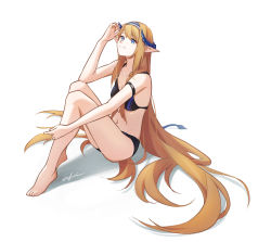 Rule 34 | 1girl, arknights, arm strap, bare arms, bare legs, bare shoulders, barefoot, bikini, black bikini, blonde hair, blue eyes, blue hairband, breasts, chinese commentary, cleavage, commentary request, hairband, hand up, highres, horns, long hair, navel, pointy ears, saileach (arknights), shadow, simple background, sitting, small breasts, smile, solo, stomach, swimsuit, thighs, udon wudong, very long hair, white background