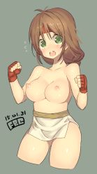 Rule 34 | 1girl, braid, breasts, brown eyes, brown hair, fbc, fingerless gloves, gloves, green eyes, headband, large breasts, looking at viewer, nipples, open mouth, solo, the king of fighters, topless, yuri sakazaki