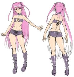 Rule 34 | 1girl, ass, bare legs, bare shoulders, boots, breasts, butt crack, character sheet, collar, curvy, demon girl, felicia (taimanin kurenai), female focus, full body, gluteal fold, lilith-soft, long hair, looking at viewer, multiple views, partially visible vulva, pink hair, pointy ears, red eyes, shiny skin, simple background, small breasts, smile, standing, taimanin (series), taimanin asagi kessen arena, taimanin kurenai, thighs, two side up, very long hair, white background, zol