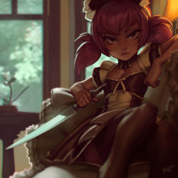 Rule 34 | 1girl, :&lt;, angry, artist name, black thighhighs, breasts, closed mouth, day, detached collar, dress, flower, frown, highres, holding, holding knife, ilya kuvshinov (style), indoors, kienan lafferty, kitchen knife, knife, looking at viewer, maid, maid headdress, mika (kienan lafferty), original, parody, pink eyes, pink hair, short sleeves, short twintails, sitting, small breasts, solo, style parody, thighhighs, twintails, window, zettai ryouiki