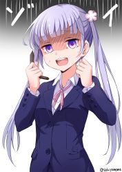 Rule 34 | 10s, 1girl, broken pencil, buttons, commentary request, empty eyes, eyebrows, gradient background, jacket, long hair, long sleeves, looking at viewer, new game!, open mouth, purple eyes, purple hair, purple jacket, sakiyamama, shaded face, shirt, simple background, solo, suzukaze aoba, twintails, twitter username, upper body, white shirt