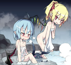 Rule 34 | 2girls, alternate hairstyle, bat wings, bathing, blonde hair, blue hair, blush, covering privates, fang, flandre scarlet, gradient background, hair ribbon, multiple girls, naked towel, naughty face, noya makoto, nude, nude cover, onsen, open mouth, pointy ears, ponytail, red eyes, remilia scarlet, ribbon, siblings, sisters, sitting, smile, standing, steam, sweat, touhou, towel, wings