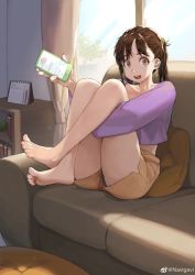 Rule 34 | 1girl, absurdres, bare legs, barefoot, bookshelf, brown eyes, brown hair, brown shorts, calendar (object), cellphone, couch, day, eyelashes, feet, full body, hair ribbon, half updo, highres, holding, holding phone, hugging own legs, indoors, jun (navigavi), knees to chest, looking at viewer, medium hair, midriff, open mouth, original, panties, panty peek, phone, purple shirt, ribbon, shirt, short shorts, short sleeves, shorts, sitting, smartphone, smile, soles, solo, sunlight, thighs, toes, twintails, underwear, weibo logo, weibo watermark, white panties, window, yellow ribbon