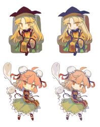 Rule 34 | 2girls, ahoge, black headwear, blonde hair, blush stickers, bun cover, chibi, chinese commentary, closed mouth, commentary request, green skirt, hat, highres, ibaraki kasen, long hair, matara okina, multiple girls, no nose, orange hair, orange tabard, pink hair, red eyes, red ribbon, red tabard, ribbon, ribbon-trimmed skirt, ribbon trim, shirt, short hair, short sleeves, simple background, sitting, skirt, smile, tabard, touhou, variations, white background, white shirt, youshouhaoxianzhe