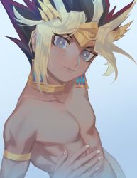 Rule 34 | 1boy, armlet, atem, black hair, blonde hair, cbow, closed mouth, commentary request, dark skin, dark-skinned male, earrings, egyptian, eyelashes, fingernails, grey eyes, highres, jewelry, male focus, multicolored hair, ring, topless male, smile, solo, spiked hair, yu-gi-oh!, yu-gi-oh! duel monsters