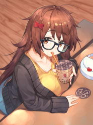 Rule 34 | 1girl, absurdres, bow, breasts, brown eyes, brown hair, bubble tea, collarbone, commentary request, fate/grand order, fate (series), from below, ganesha (fate), glasses, hair bow, heart, highres, kotoribako, large breasts, long hair, long sleeves, looking at viewer, navel, plump, red bow, sitting, solo, table